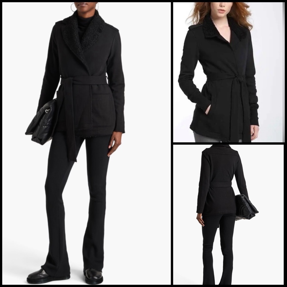 James Perse Black Sherpa Trim Collar Belted Open Wrap Cotton Jacket Size 2/Med